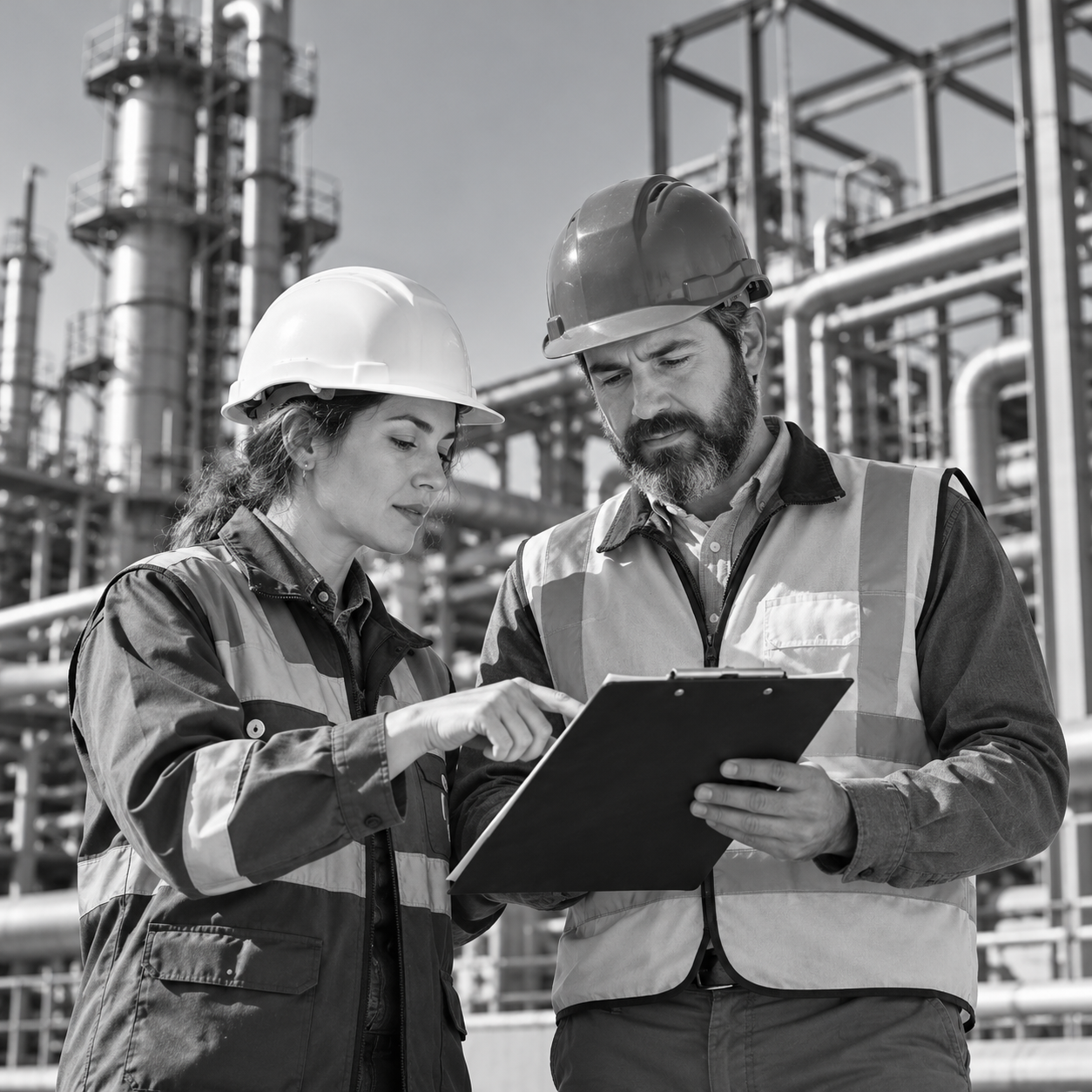Ingenieros revisando documentación técnica en planta industrial